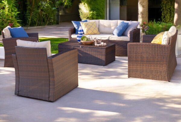 Five Piece Outdoor Wicker Sofa Set with Beige Cushions