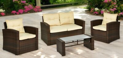 Outdoor Wicker Sofa Seating Group with Beige Cushions, Set of 4