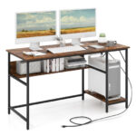 55 Inch Computer Desk with Charging Station and Storage Shelf