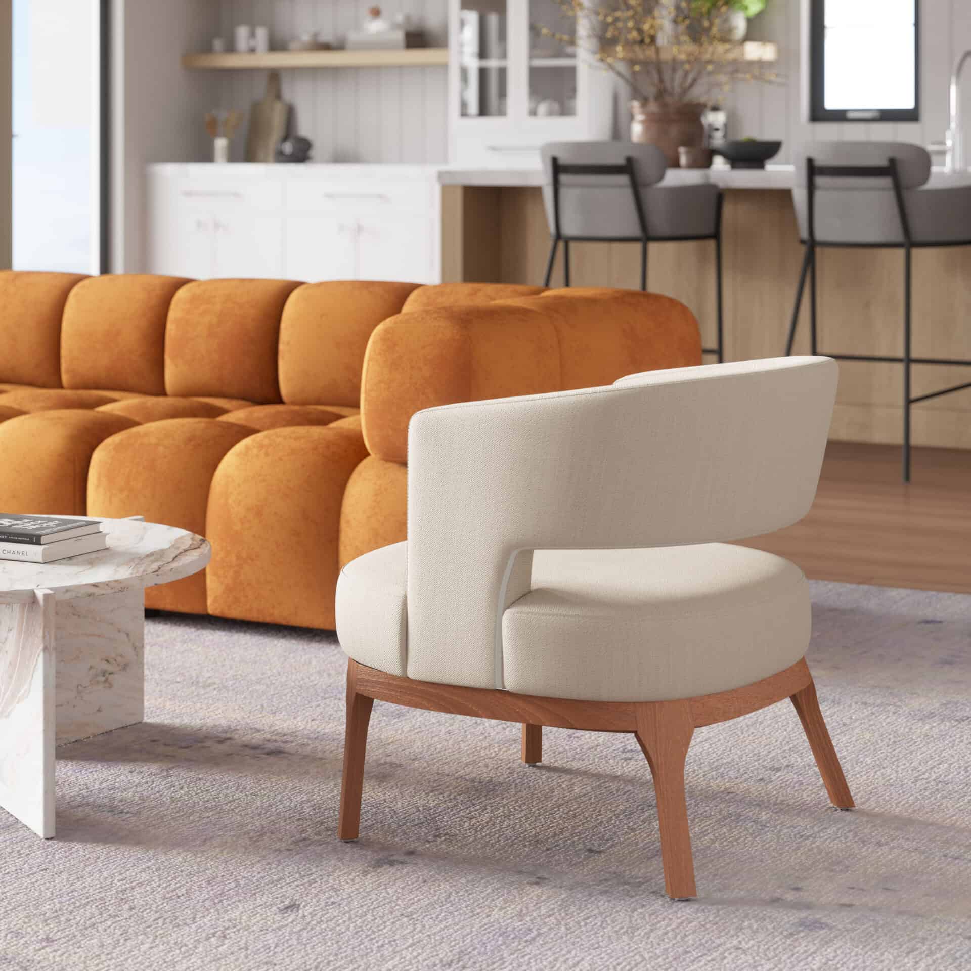 Beige Accent Chair with Wood Base and Durable Vinyl Upholstery 2 Beige Accent Chair with Wood Base and Durable Vinyl Upholstery - Image 2