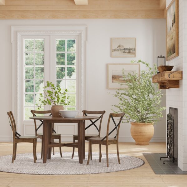 Round Farmhouse Dining Table Burnished Dark Oak Rubberwood Veneer