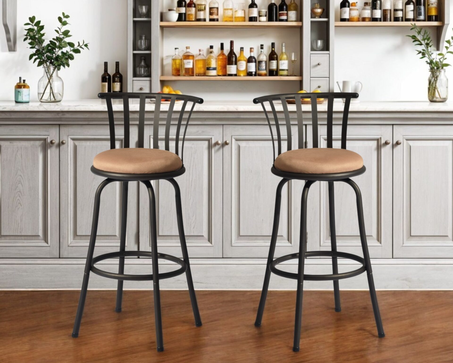 29" Brown and Black Swivel Bar Stools with Low Back, Set of 2 1 29" Brown and Black Swivel Bar Stools with Low Back, Set of 2