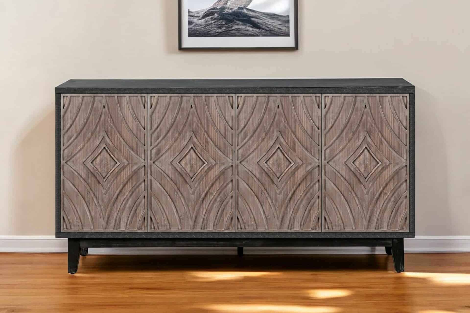 Distressed Charcoal and Brown Mid-Century Wood Sideboard with Storage 1 Distressed Charcoal and Brown Mid-Century Wood Sideboard with Storage