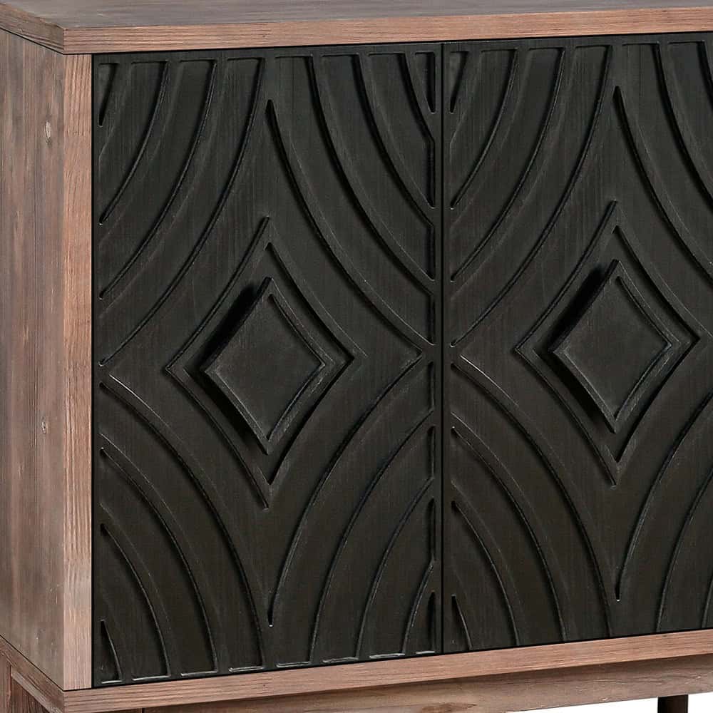 Distressed Brown and Charcoal Geometric Wood Sideboard with Storage 4 Distressed Brown and Charcoal Geometric Wood Sideboard with Storage - Image 4