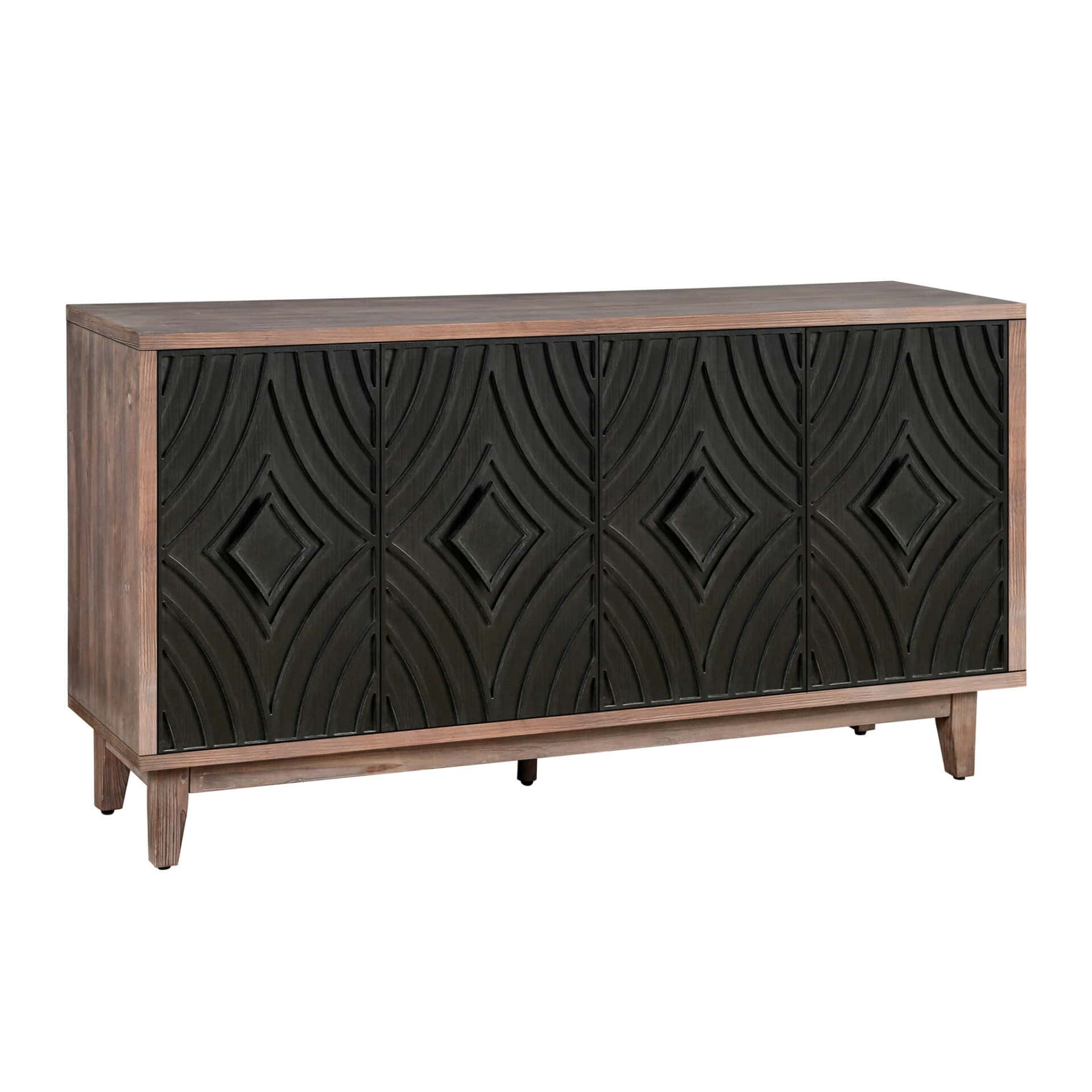 Distressed Brown and Charcoal Geometric Wood Sideboard with Storage 3 Distressed Brown and Charcoal Geometric Wood Sideboard with Storage - Image 3