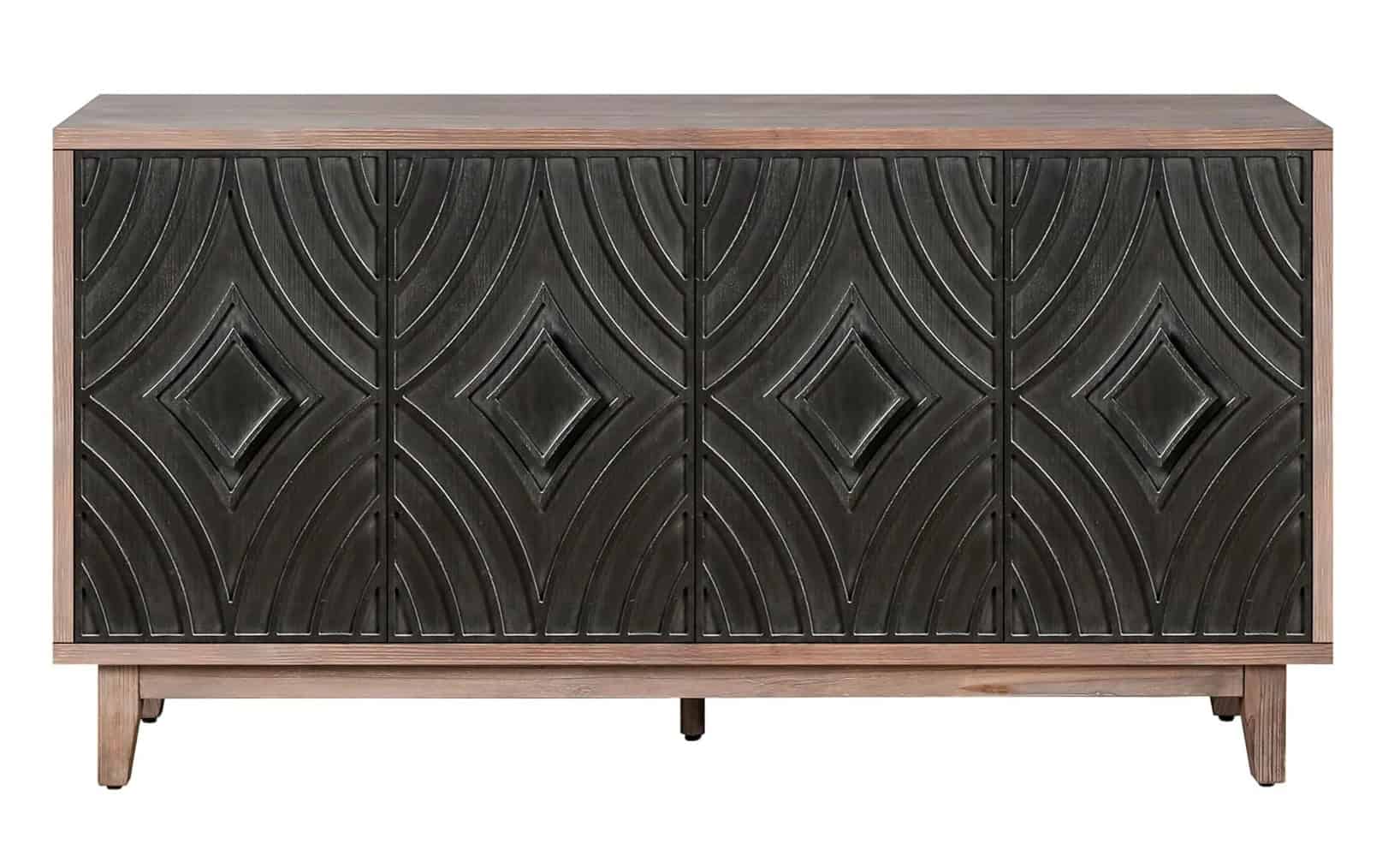 Distressed Brown and Charcoal Geometric Wood Sideboard with Storage 2 Distressed Brown and Charcoal Geometric Wood Sideboard with Storage - Image 2