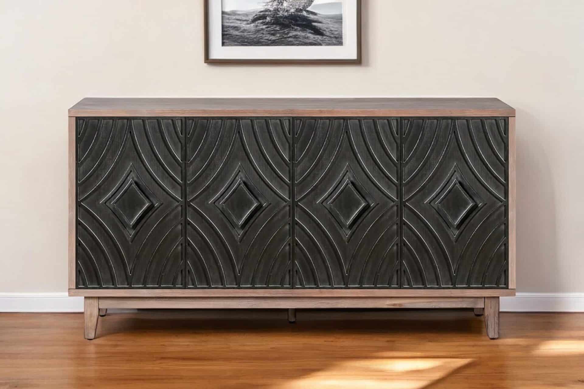 Distressed Brown and Charcoal Geometric Wood Sideboard with Storage 1 Distressed Brown and Charcoal Geometric Wood Sideboard with Storage