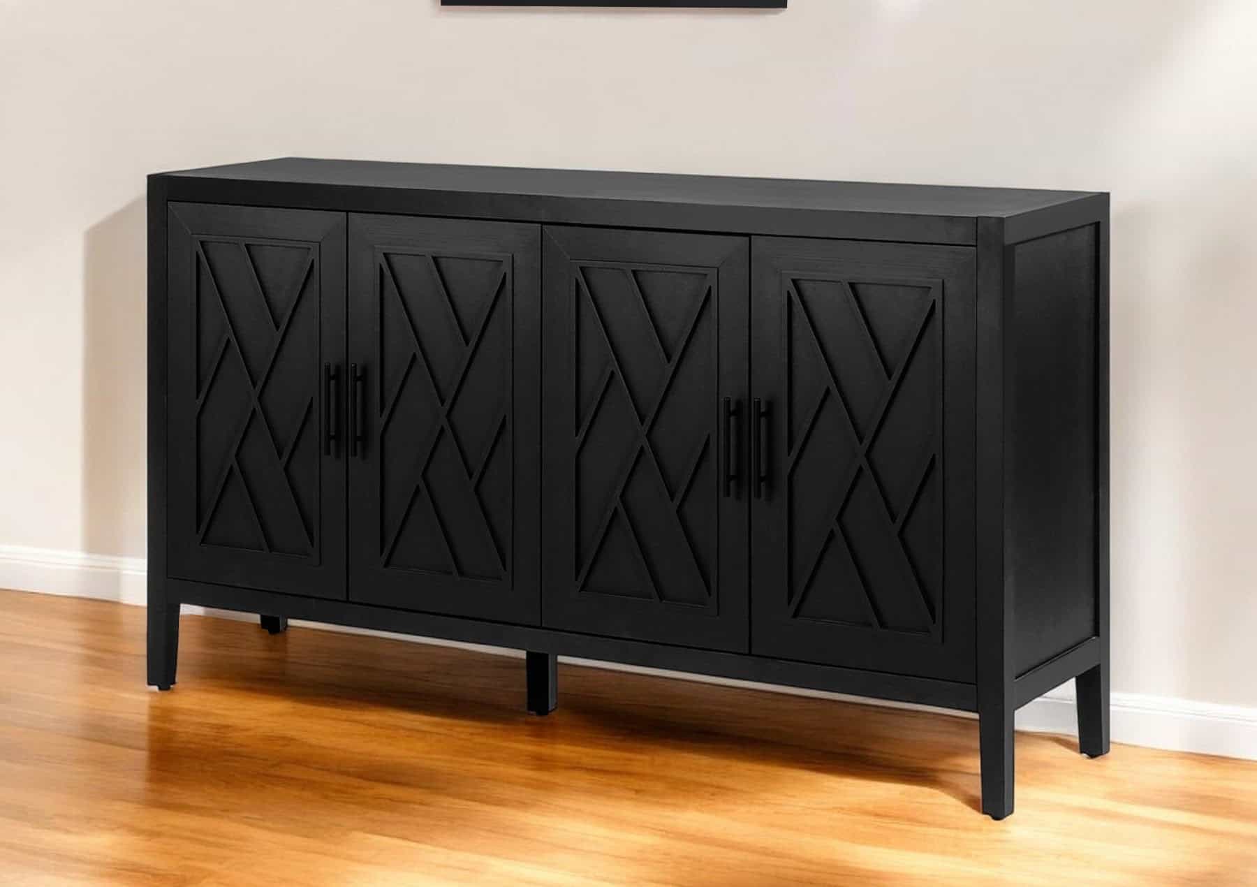 Black Distressed Four-Door Sideboard with Shelves and Storage 1 Black Distressed Four-Door Sideboard with Shelves and Storage