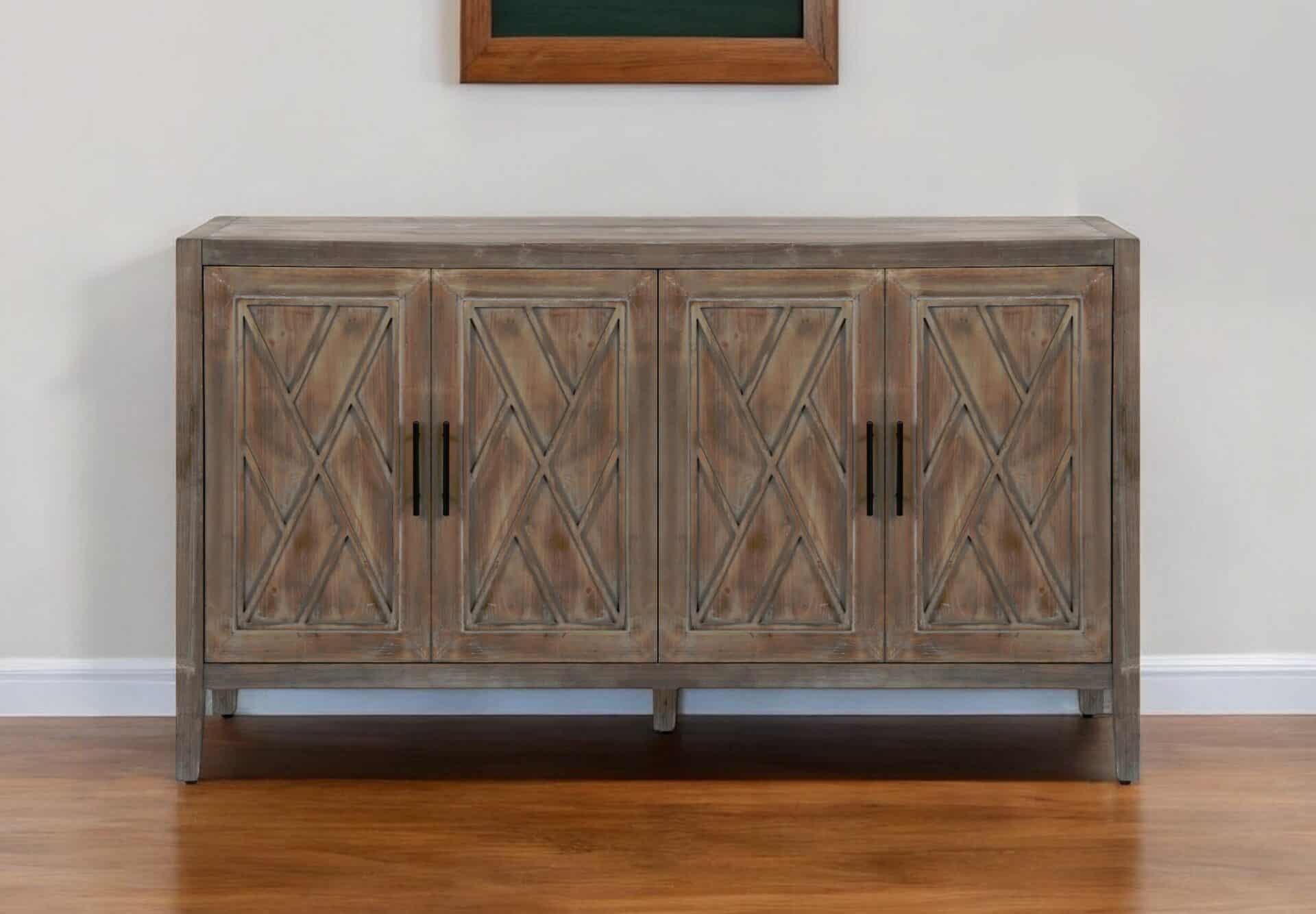 Distressed Geometric Carved Sideboard with Four Doors and Shelves 1 Distressed Geometric Carved Sideboard with Four Doors and Shelves