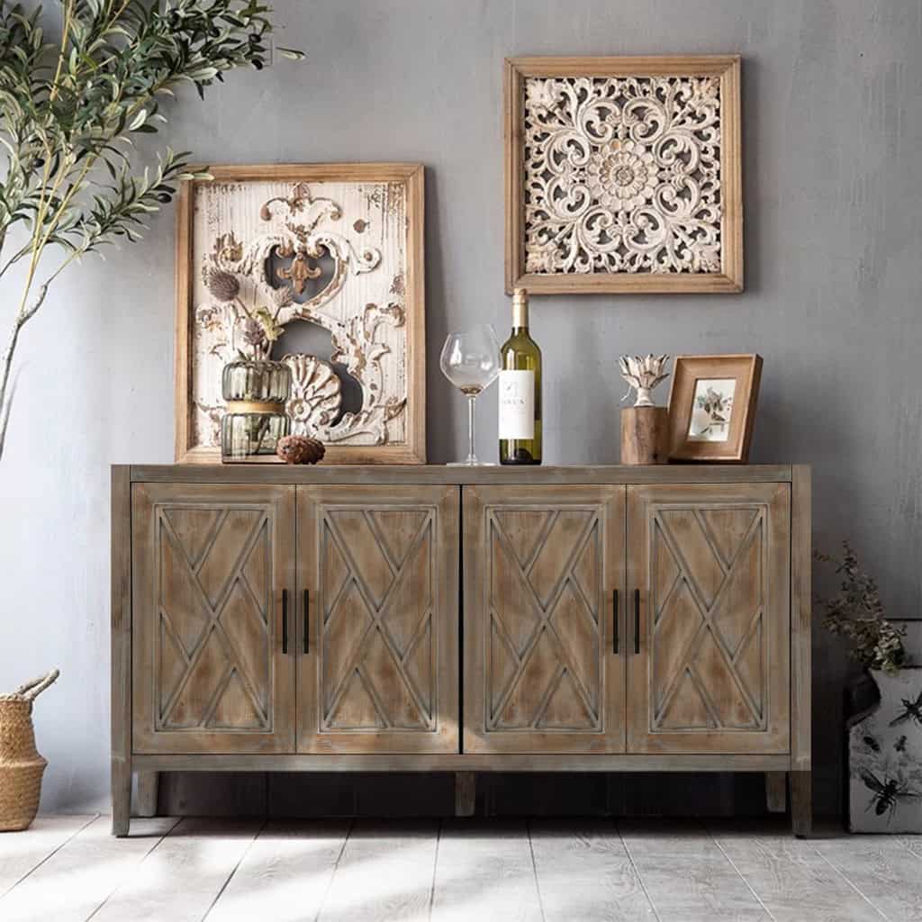 Distressed Geometric Carved Sideboard with Four Doors and Shelves 7 Distressed Geometric Carved Sideboard with Four Doors and Shelves - Image 7