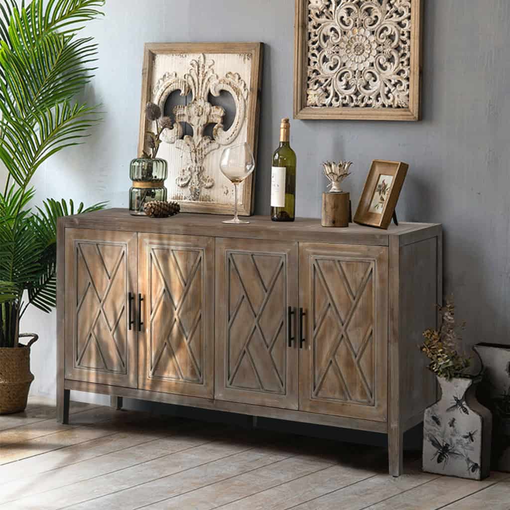 Distressed Geometric Carved Sideboard with Four Doors and Shelves 6 Distressed Geometric Carved Sideboard with Four Doors and Shelves - Image 6