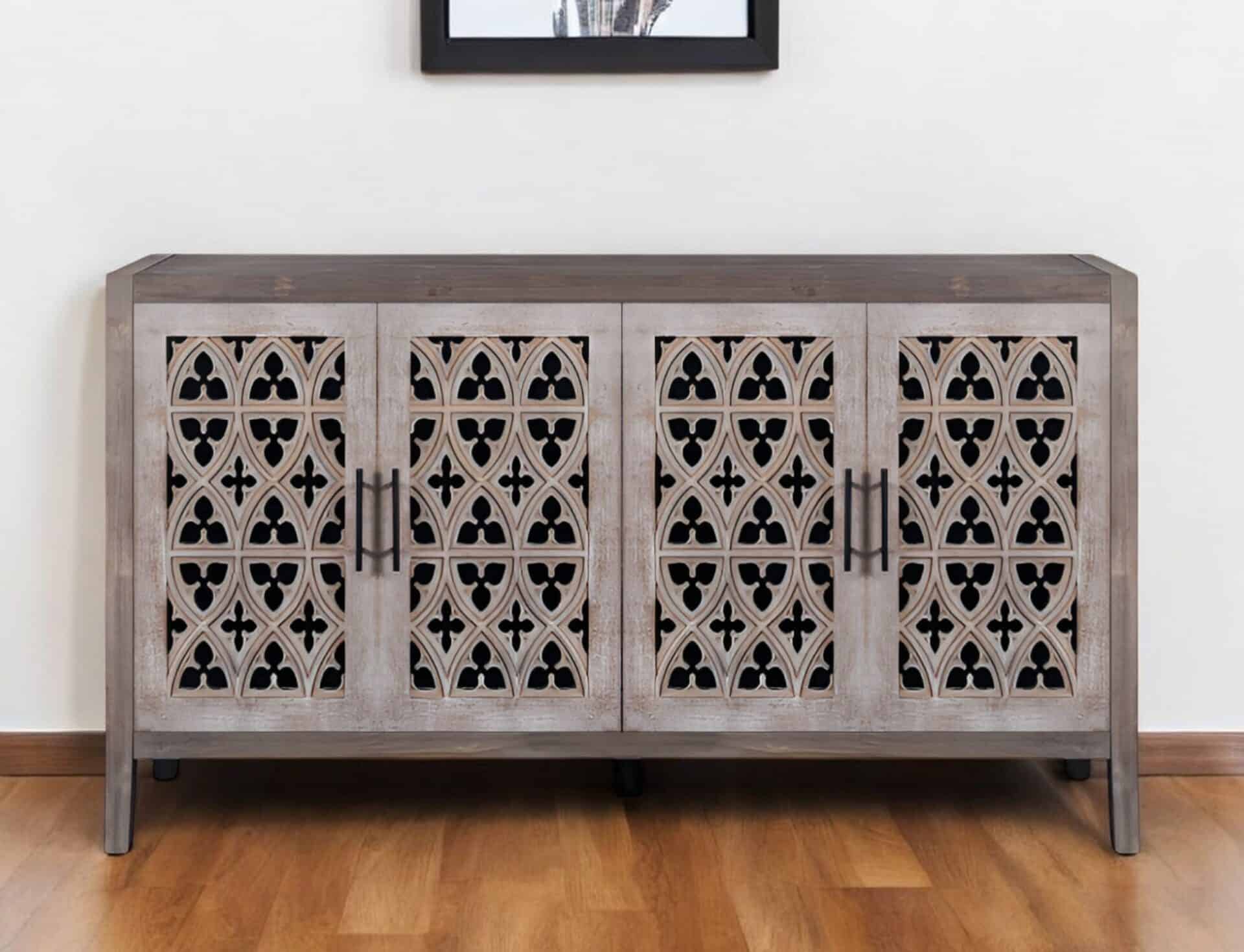 Brown Distressed Sideboard with Carved Scrollwork and Four Doors 1 Brown Distressed Sideboard with Carved Scrollwork and Four Doors