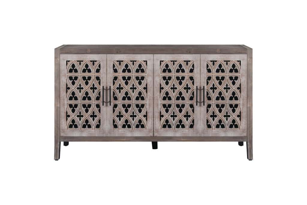 Brown Distressed Sideboard with Carved Scrollwork and Four Doors 2 Brown Distressed Sideboard with Carved Scrollwork and Four Doors - Image 2
