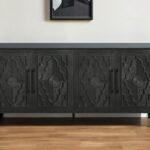 Black Distressed Floral Carved Sideboard with Four Doors