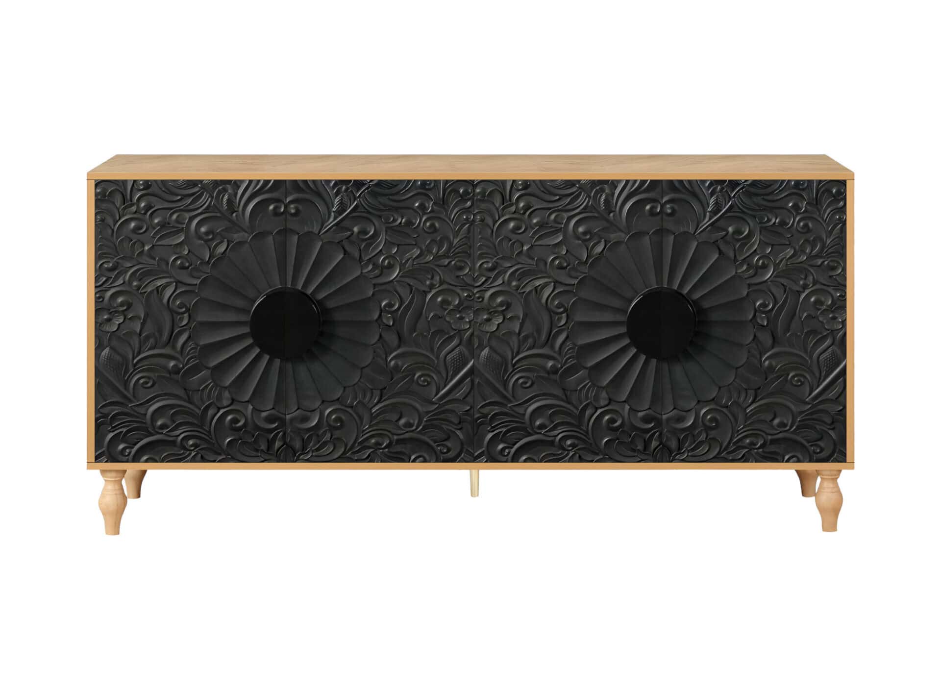 Distressed Floral Carved Sideboard Natural Black Finish with Storage 2 Distressed Floral Carved Sideboard Natural Black Finish with Storage - Image 2