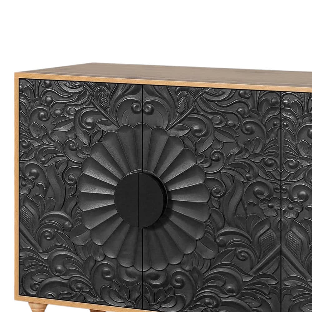 Distressed Floral Carved Sideboard Natural Black Finish with Storage 7 Distressed Floral Carved Sideboard Natural Black Finish with Storage - Image 7