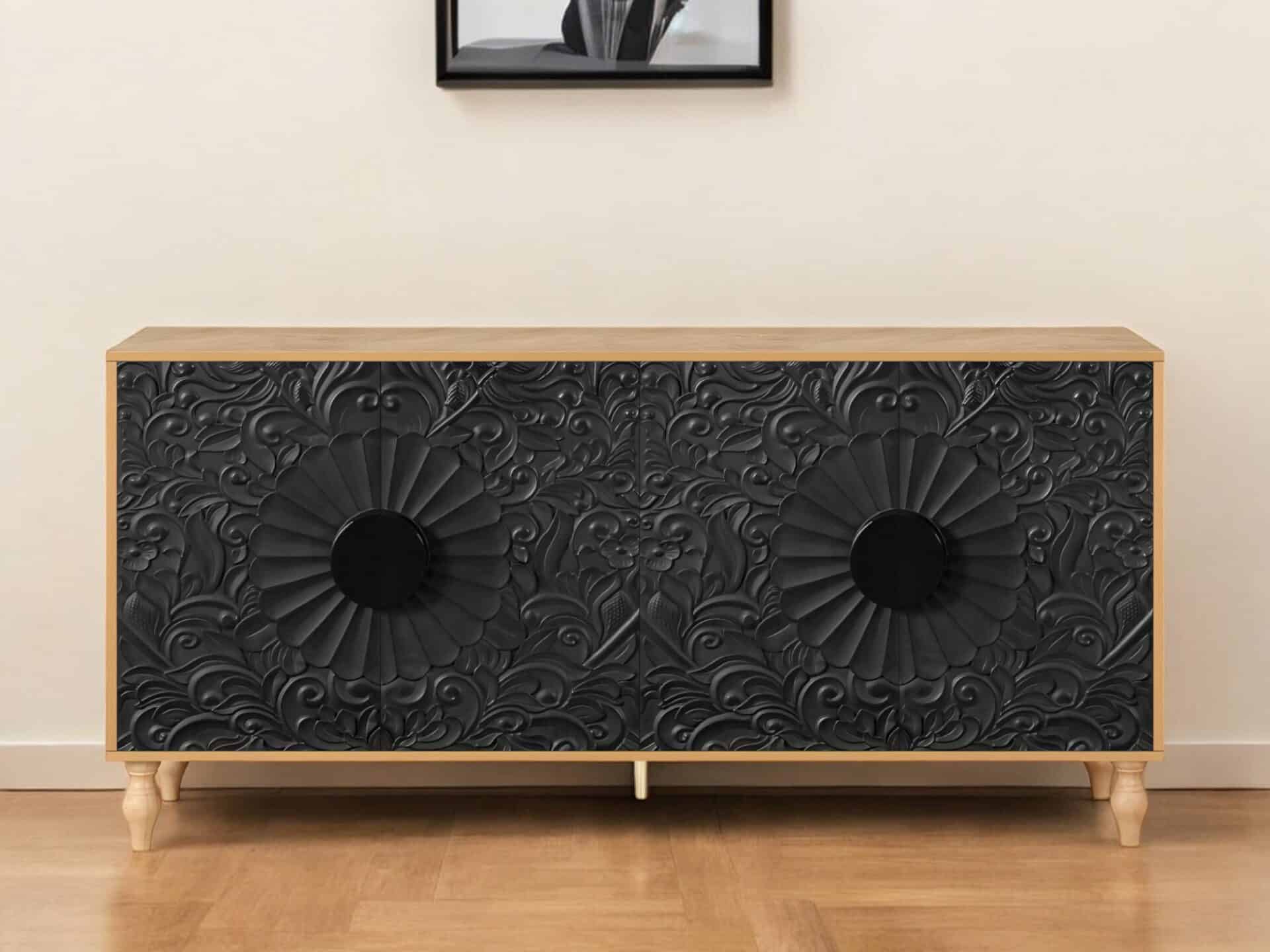 Distressed Floral Carved Sideboard Natural Black Finish with Storage 1 Distressed Floral Carved Sideboard Natural Black Finish with Storage