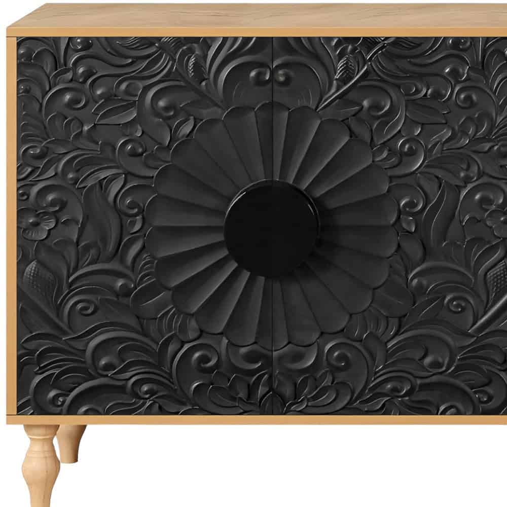 Distressed Floral Carved Sideboard Natural Black Finish with Storage 4 Distressed Floral Carved Sideboard Natural Black Finish with Storage - Image 4