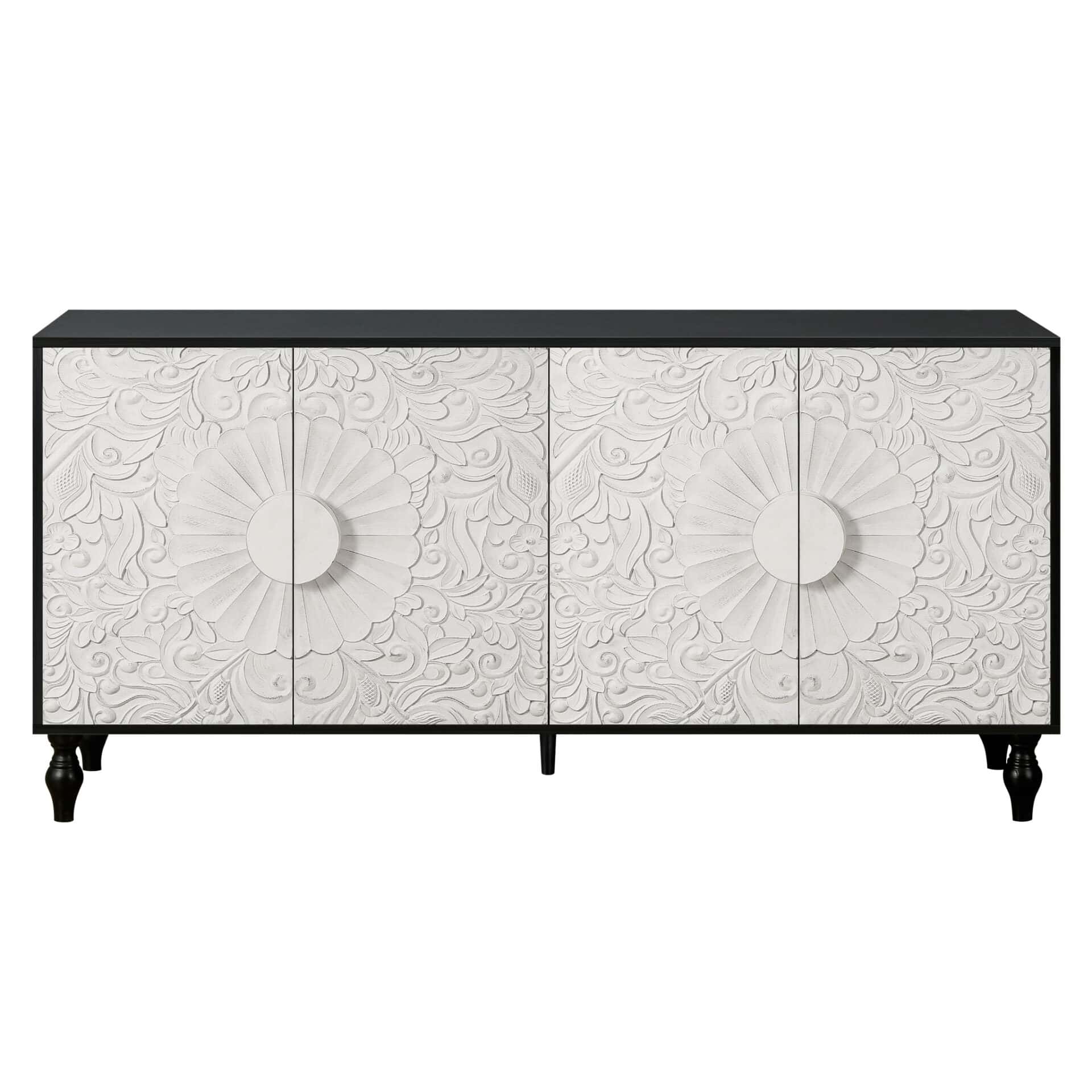 Black and White Distressed Floral Carved Sideboard with Four Doors 2 Black and White Distressed Floral Carved Sideboard with Four Doors - Image 2