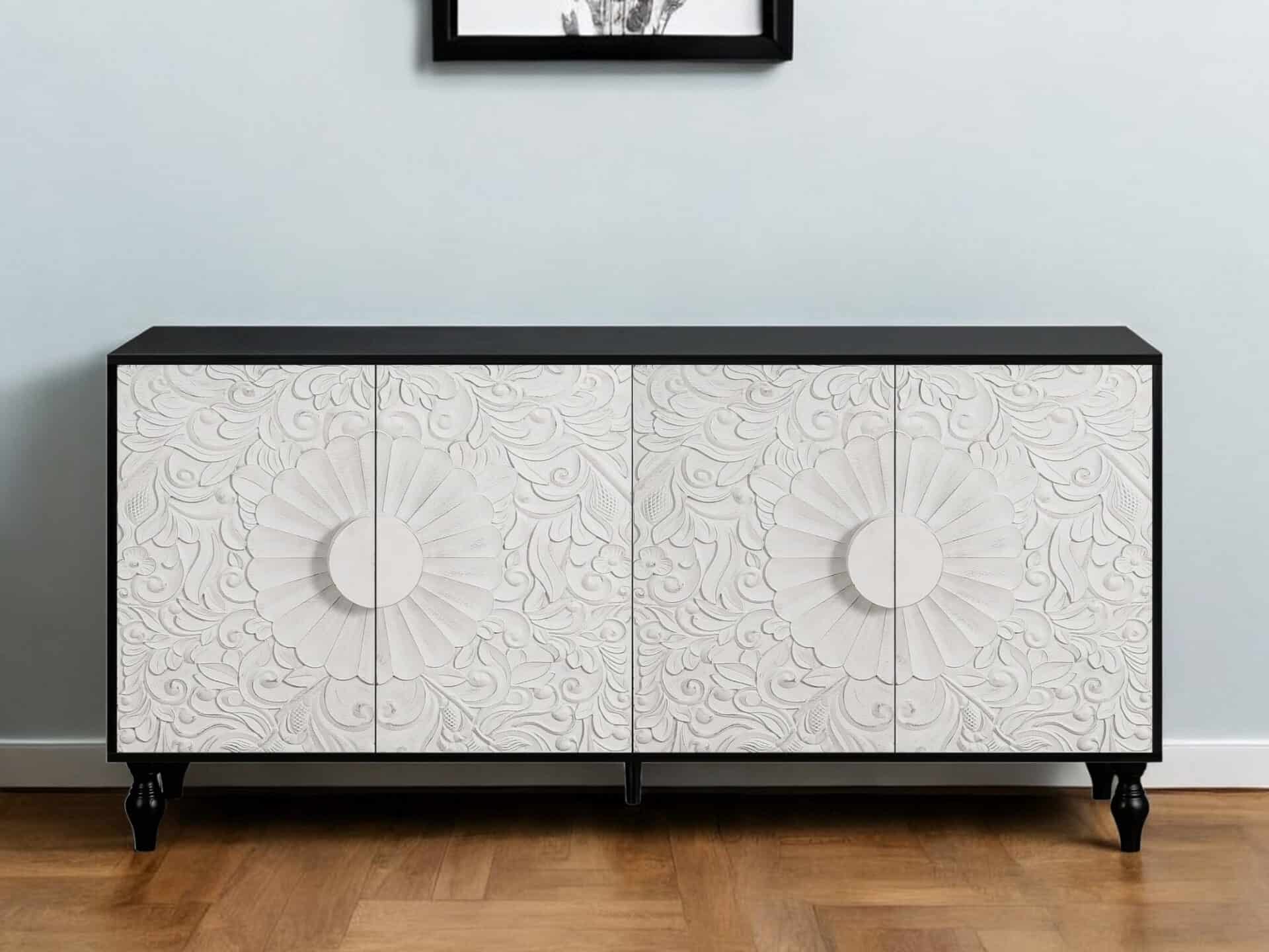 Black and White Distressed Floral Carved Sideboard with Four Doors 1 Black and White Distressed Floral Carved Sideboard with Four Doors