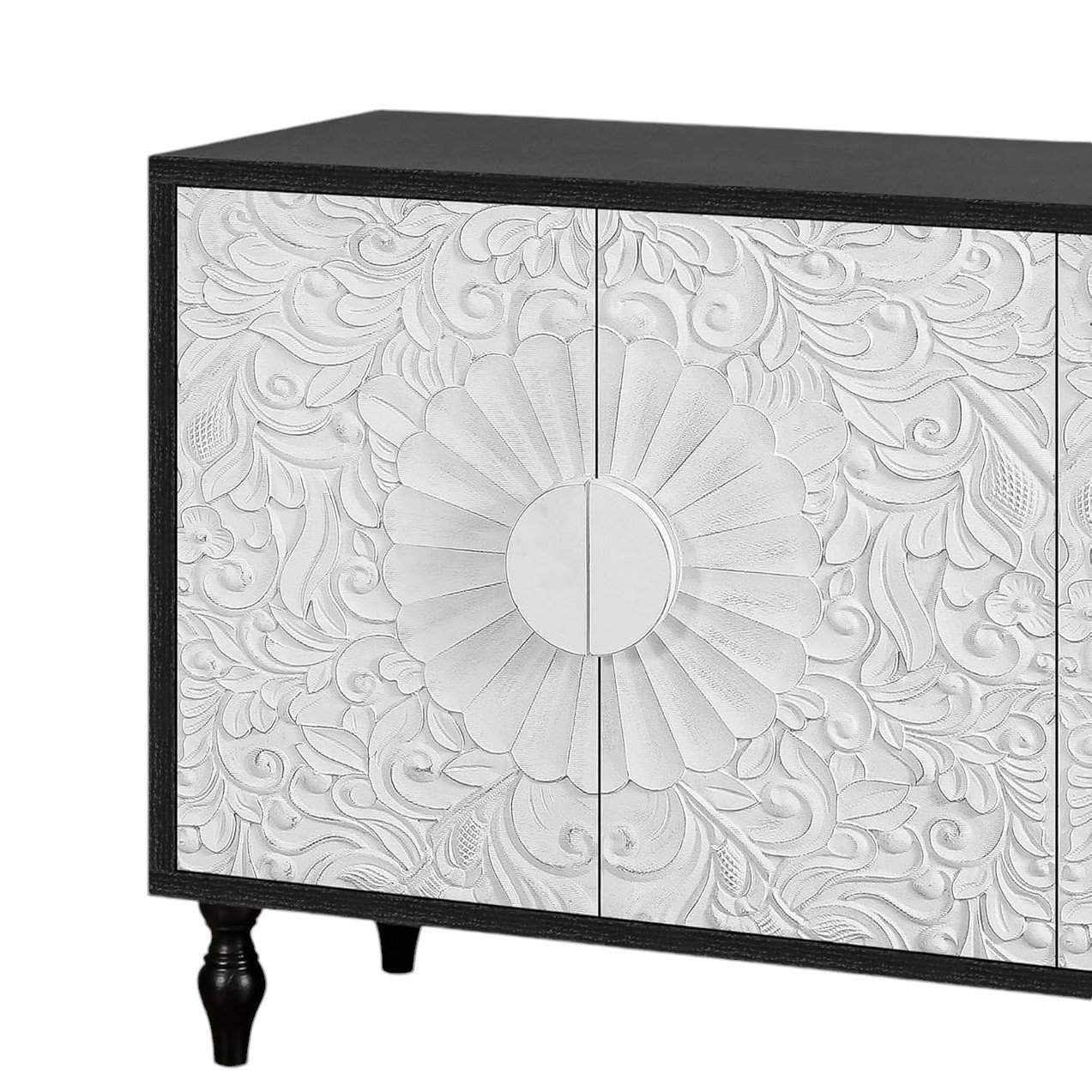 Black and White Distressed Floral Carved Sideboard with Four Doors 7 Black and White Distressed Floral Carved Sideboard with Four Doors - Image 7