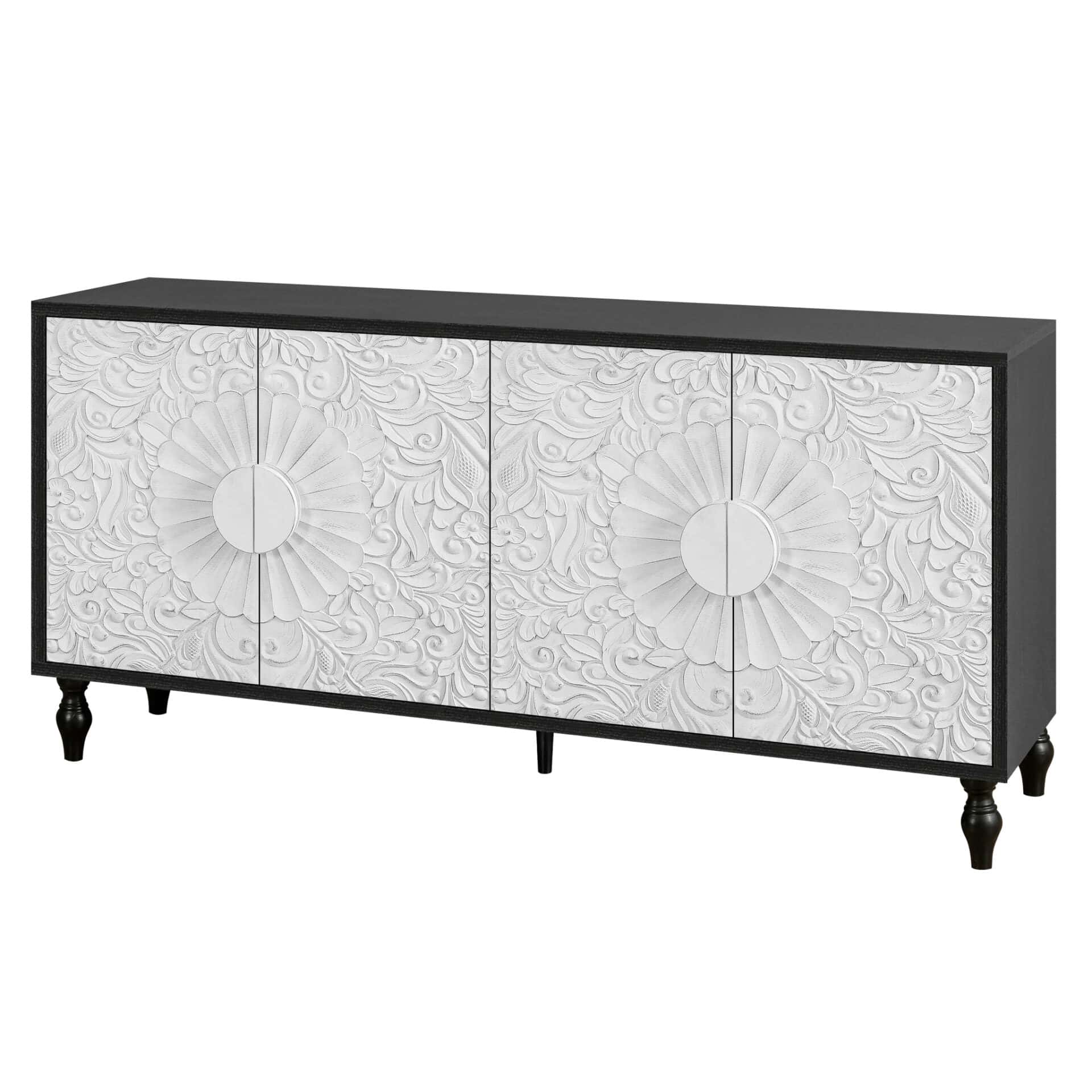Black and White Distressed Floral Carved Sideboard with Four Doors 5 Black and White Distressed Floral Carved Sideboard with Four Doors - Image 5