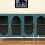 Teal Blue Ribbed Glass Sideboard with Adjustable Shelves