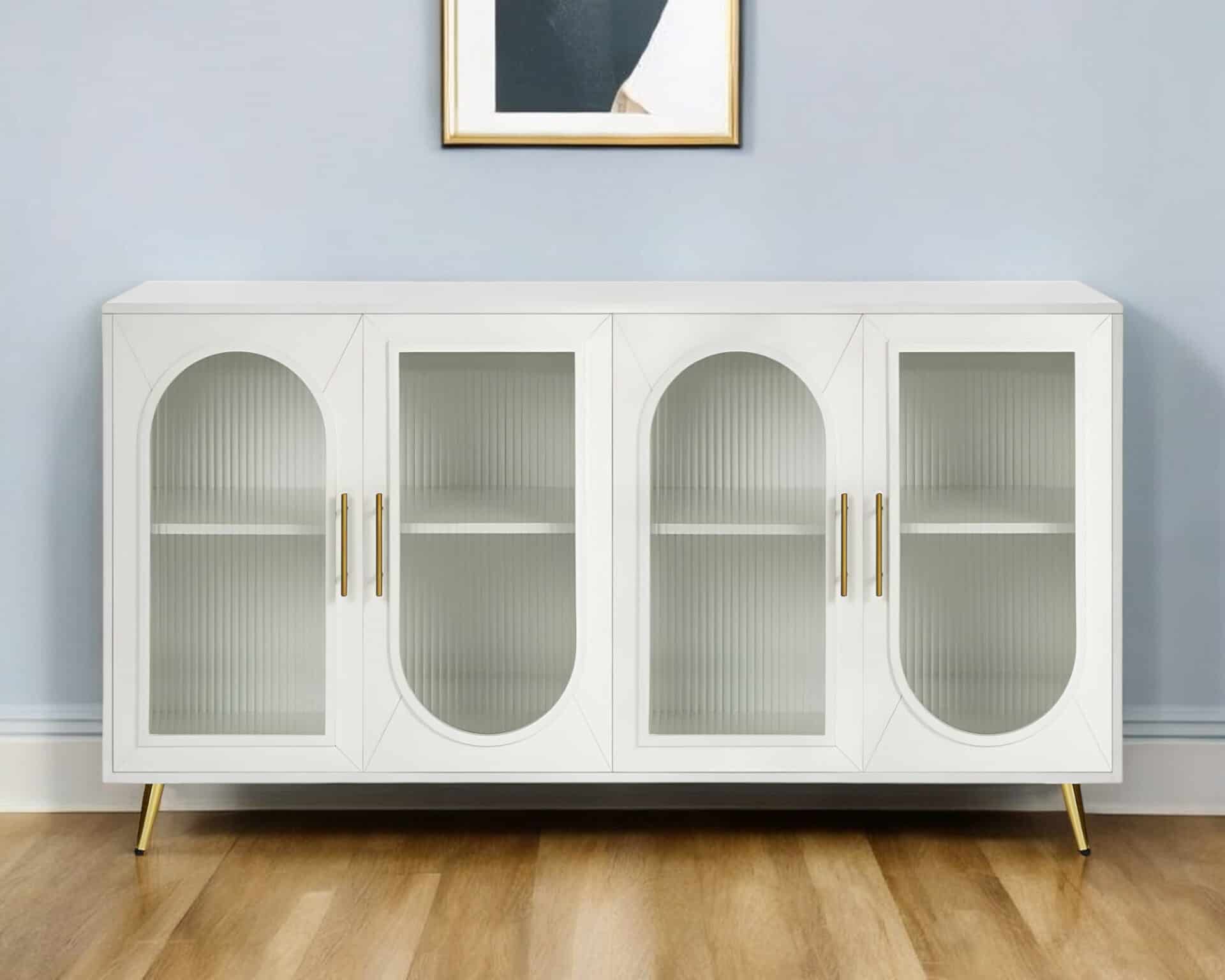 White Ribbed Wood and Glass Sideboard with Four Doors 1 White Ribbed Wood and Glass Sideboard with Four Doors
