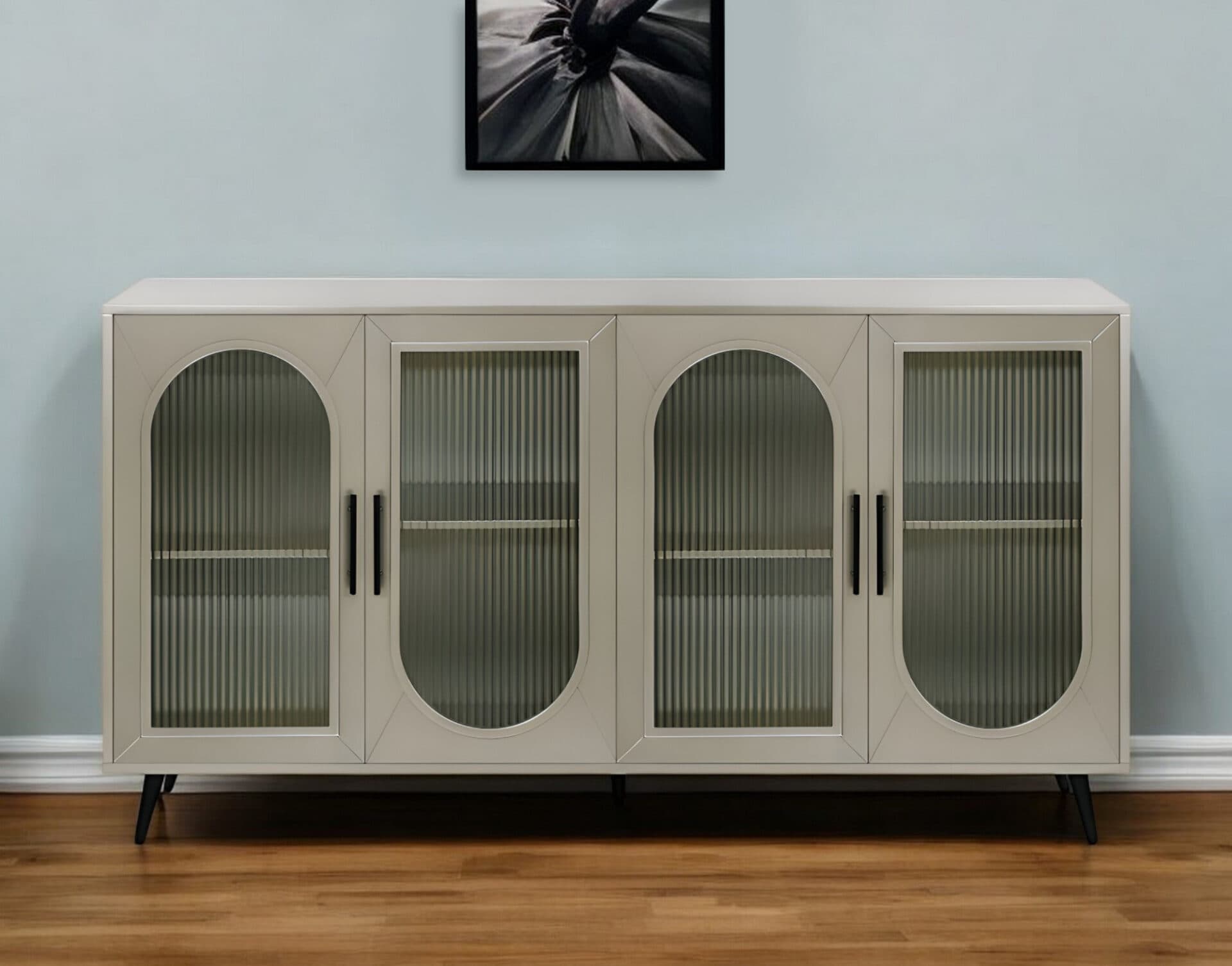 Gold Modern Wood and Glass Sideboard with Ribbed Detailing 1 Gold Modern Wood and Glass Sideboard with Ribbed Detailing