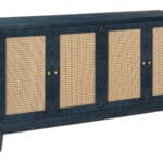 Blue Wood and Rattan Distressed Sideboard with Four Doors