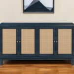 Blue Wood and Rattan Distressed Sideboard with Four Doors