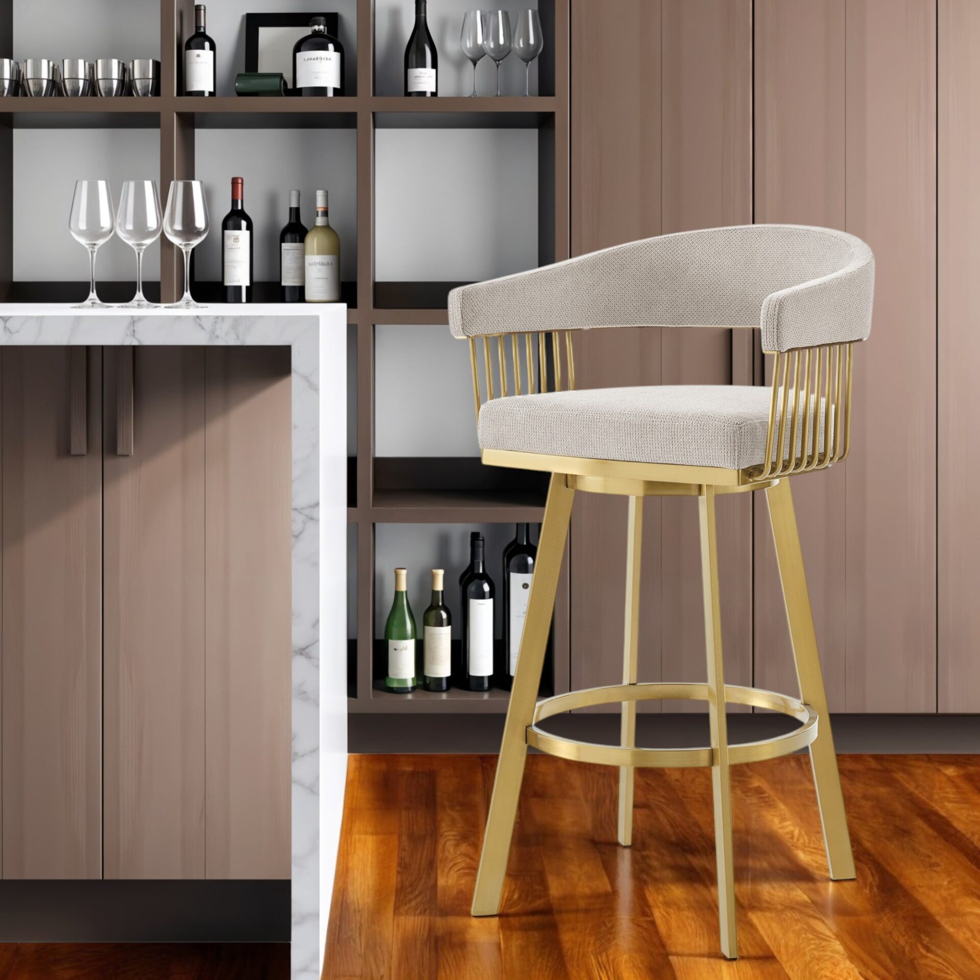 30" Taupe and Gold Swivel Bar Stool with Armrests & Bucket Seat 2 30" Taupe and Gold Swivel Bar Stool with Armrests & Bucket Seat - Image 2