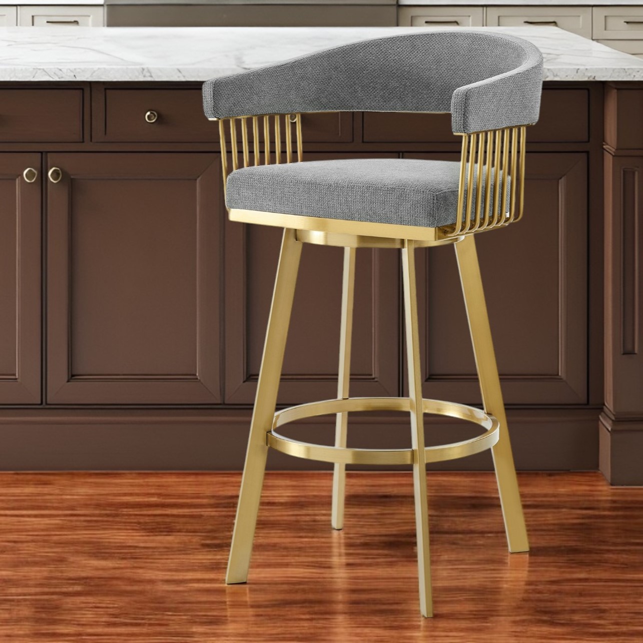 26” Gray and Gold Swivel Low Back Counter Height Bar Stool 1 26” Gray and Gold Swivel Low Back Counter Height Bar Stool
