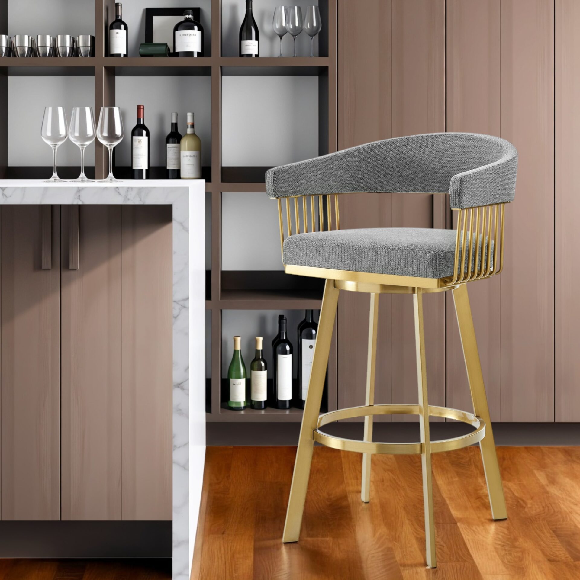 30" Gray and Gold Swivel Bar Stool with Armrests (38" Overall Height) 2 30" Gray and Gold Swivel Bar Stool with Armrests (38" Overall Height) - Image 2