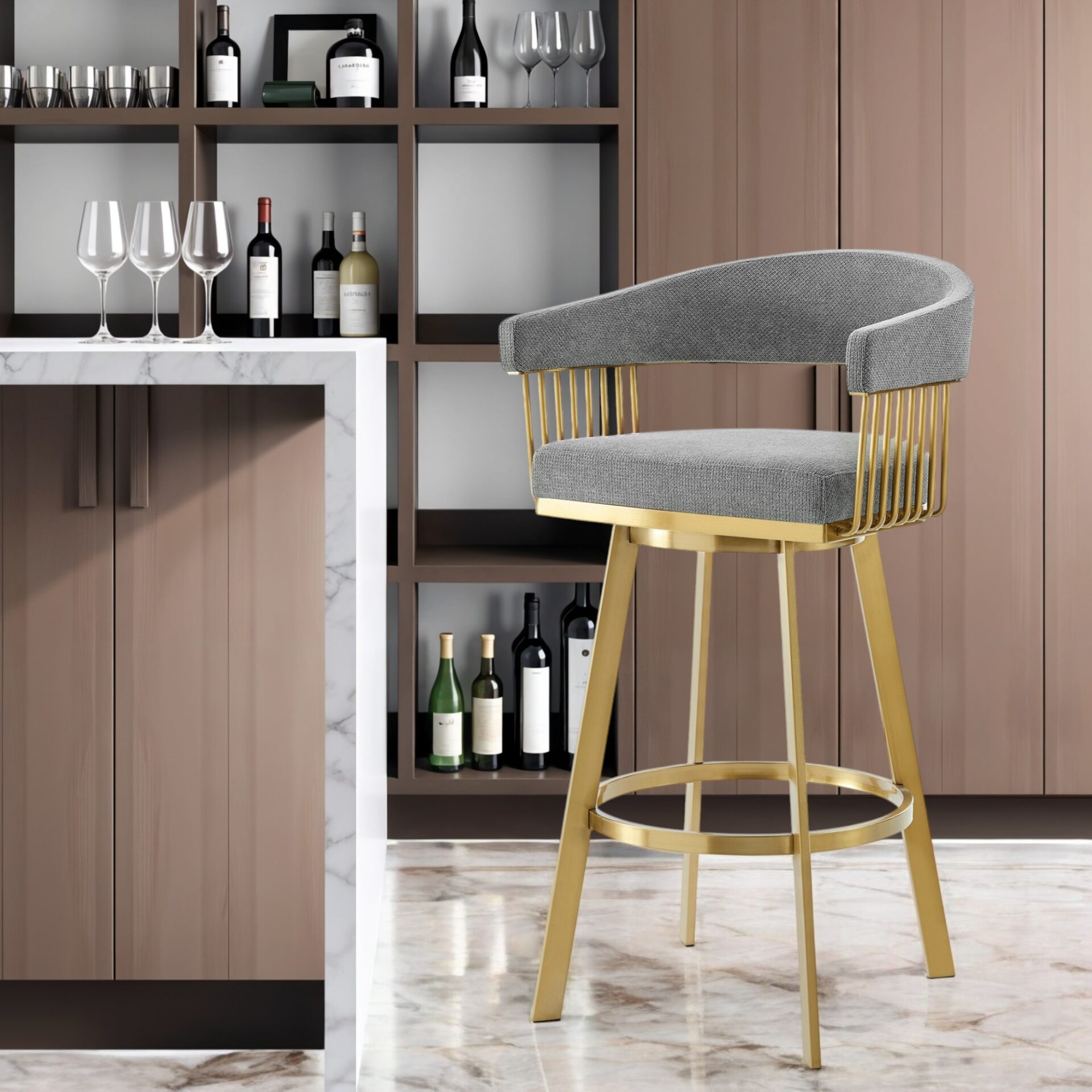 30" Gray and Gold Swivel Bar Stool with Armrests (38" Overall Height) 1 30" Gray and Gold Swivel Bar Stool with Armrests (38" Overall Height)