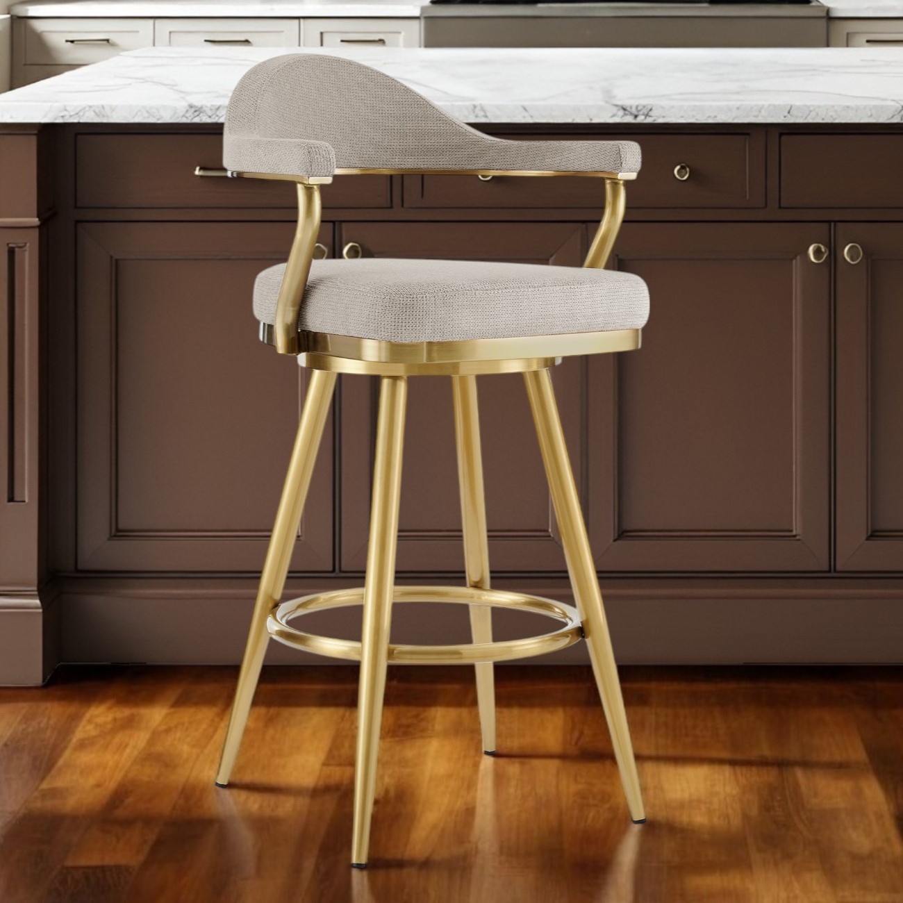 26" Taupe and Gold Swivel Bar Stool with Armrests 1 26" Taupe and Gold Swivel Bar Stool with Armrests