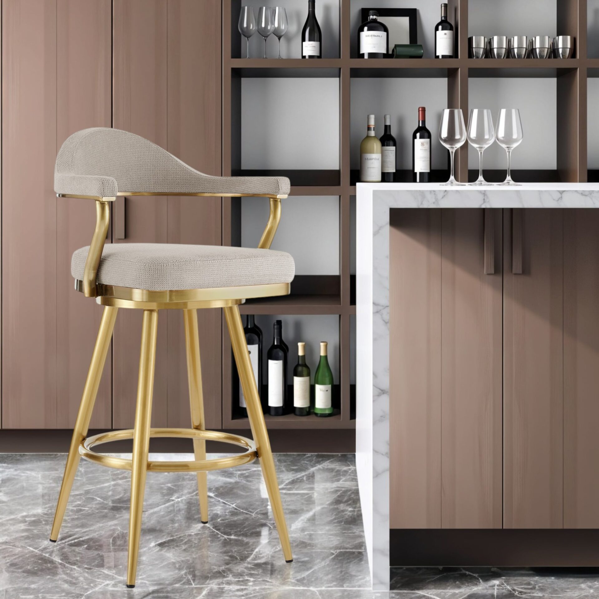 30" Taupe and Gold Swivel Bar Stool with Armrests & Square Seat 1 30" Taupe and Gold Swivel Bar Stool with Armrests & Square Seat