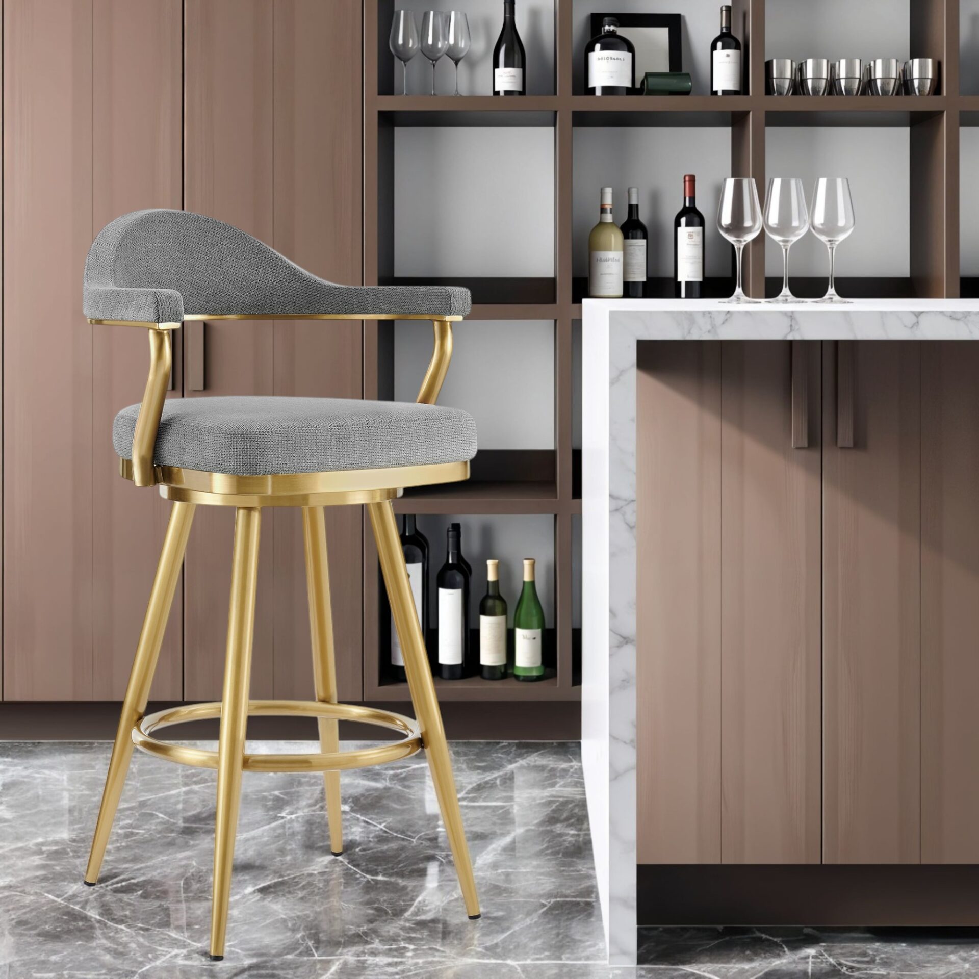 30" Gray and Gold Swivel Bar Stool with Armrests (41" Overall Height) 1 30" Gray and Gold Swivel Bar Stool with Armrests (41" Overall Height)