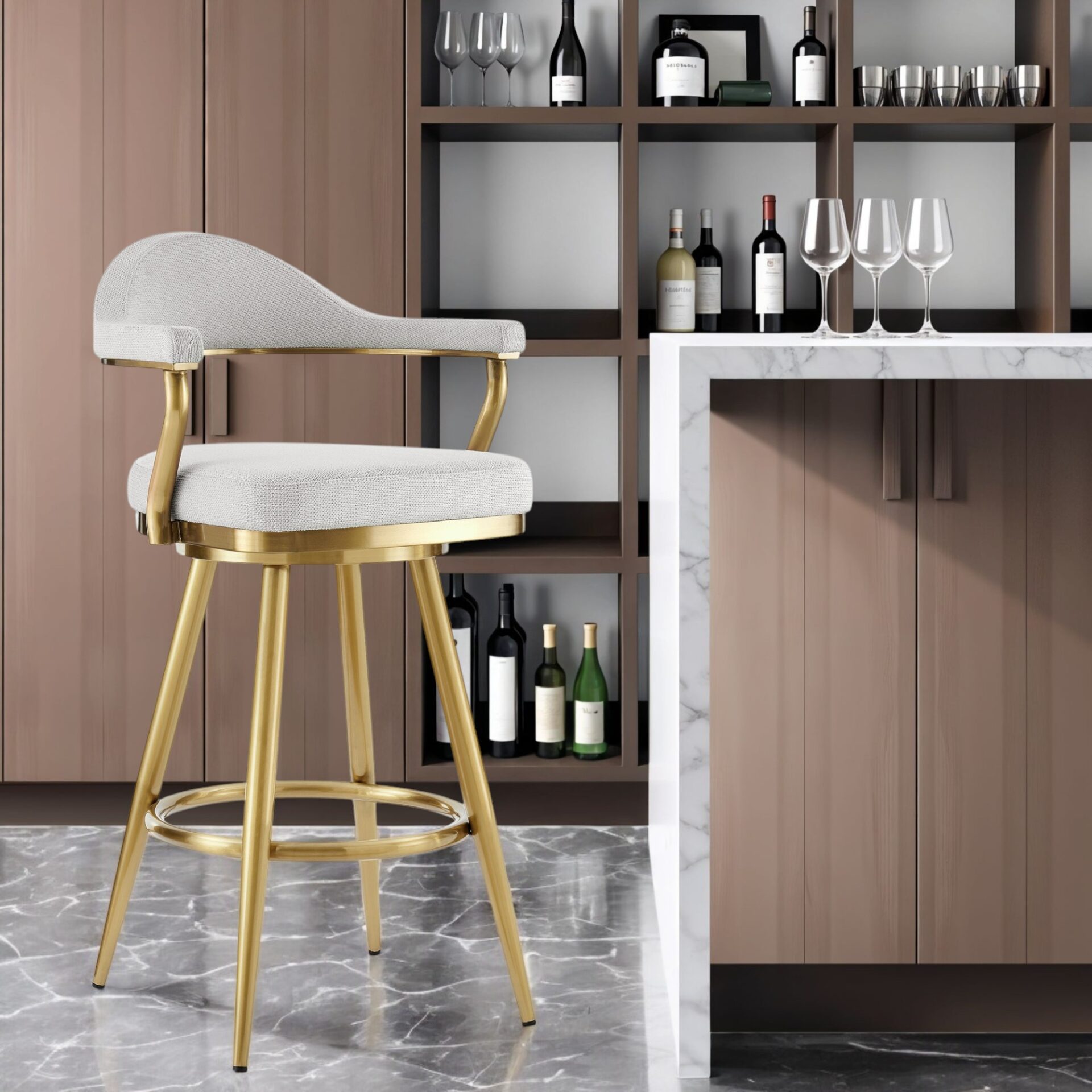30" Silver and Gold Swivel Bar Stool with Armrests 1 30" Silver and Gold Swivel Bar Stool with Armrests