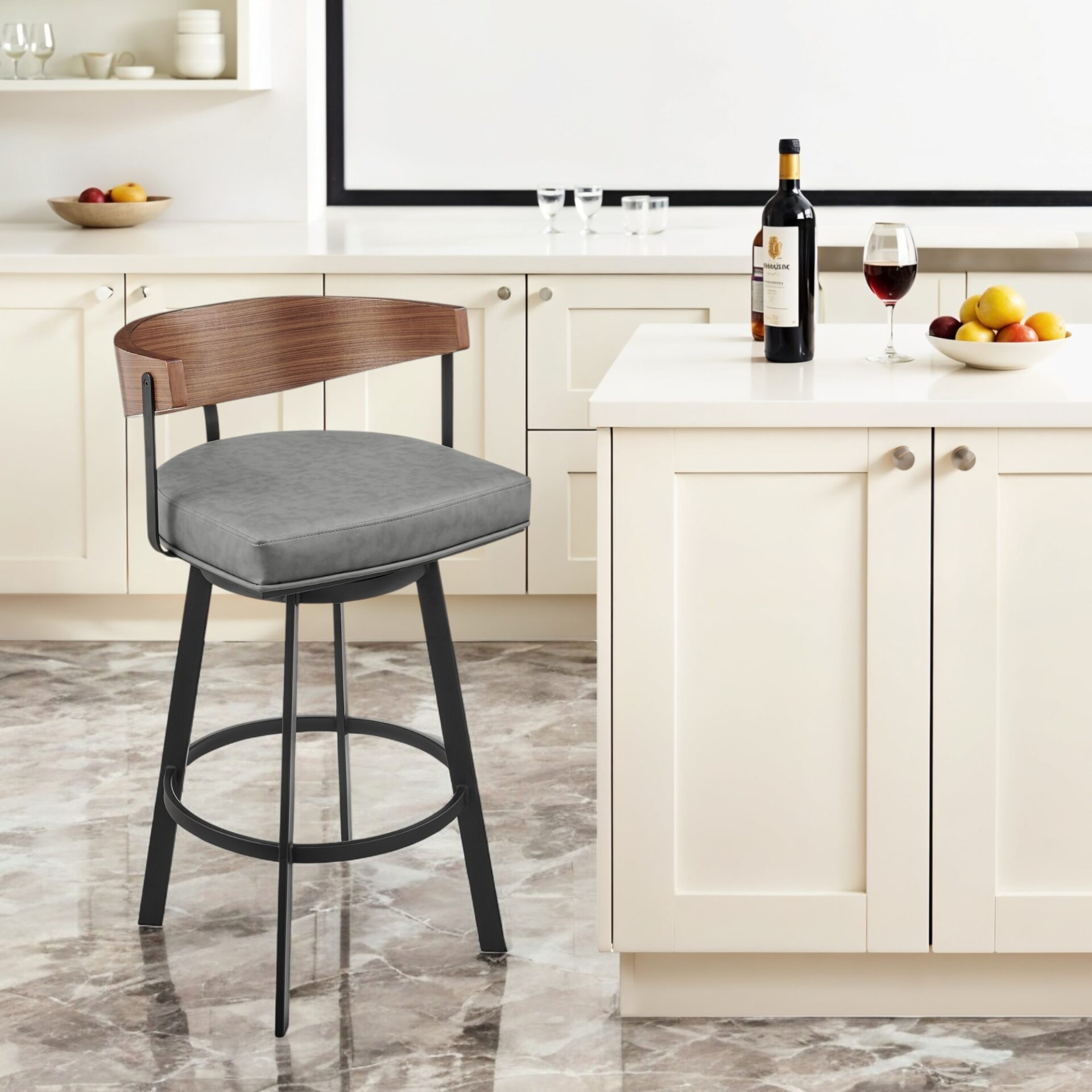 30" Gray Brown Faux Leather Swivel Bar Stool with Arms 1 30" Gray Brown Faux Leather Swivel Bar Stool with Arms