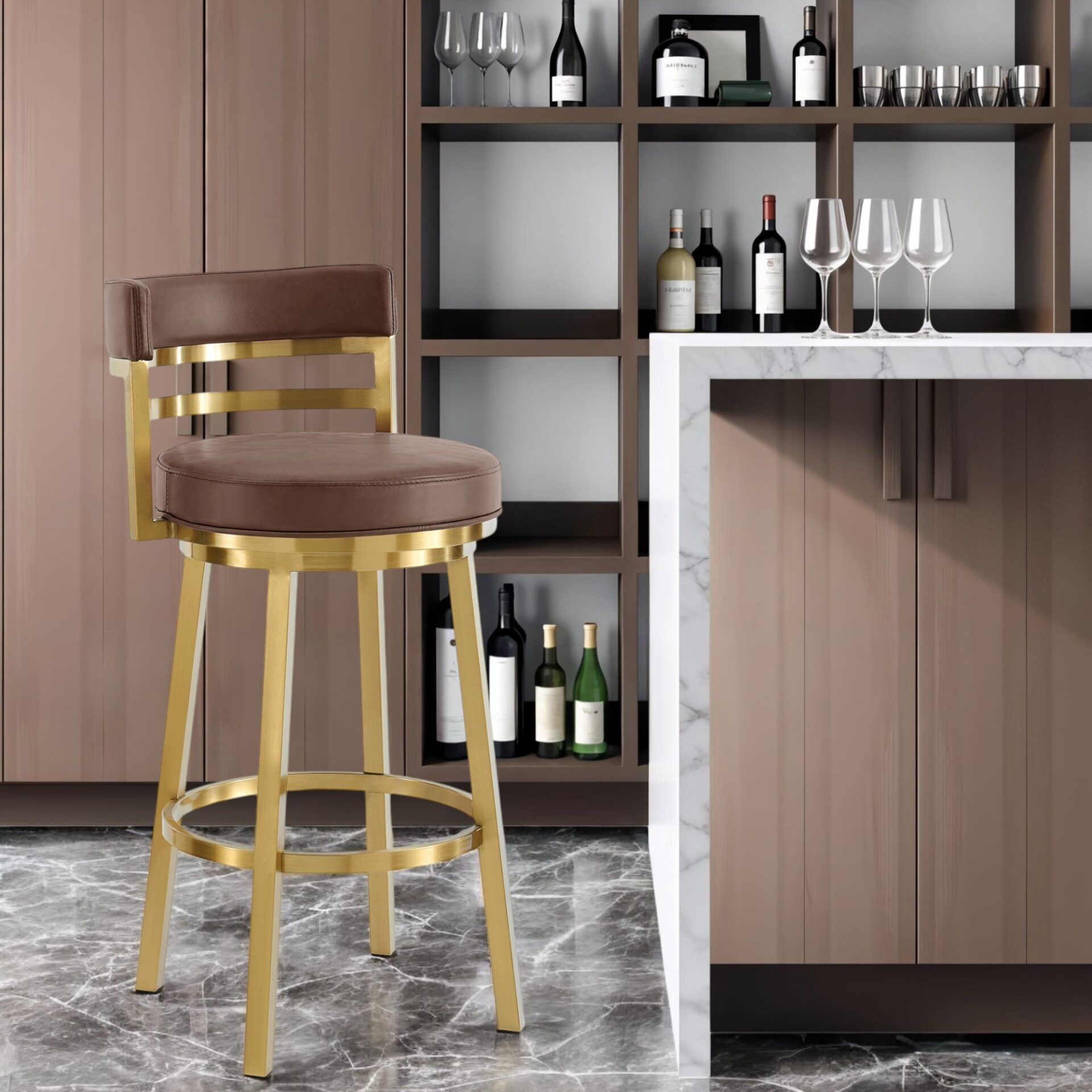 30" Modern Coffee and Gold Faux Leather Swivel Bar Stool 1 30" Modern Coffee and Gold Faux Leather Swivel Bar Stool