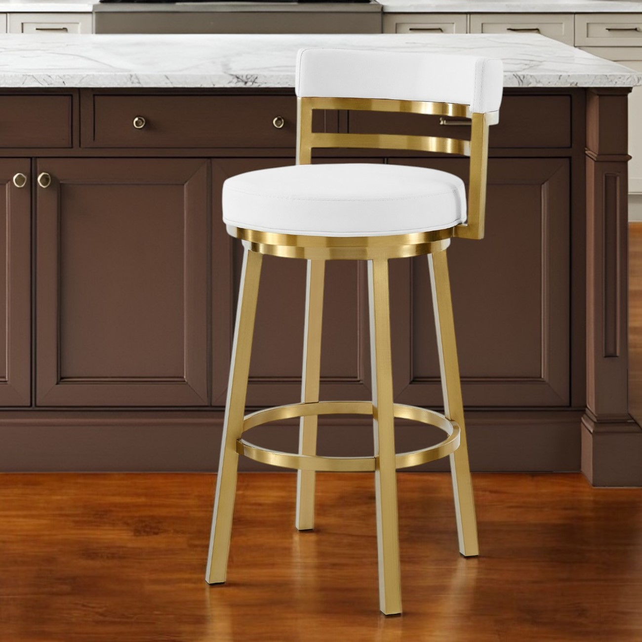 26" White and Gold Swivel Faux Leather Bar Stool 1 26" White and Gold Swivel Faux Leather Bar Stool