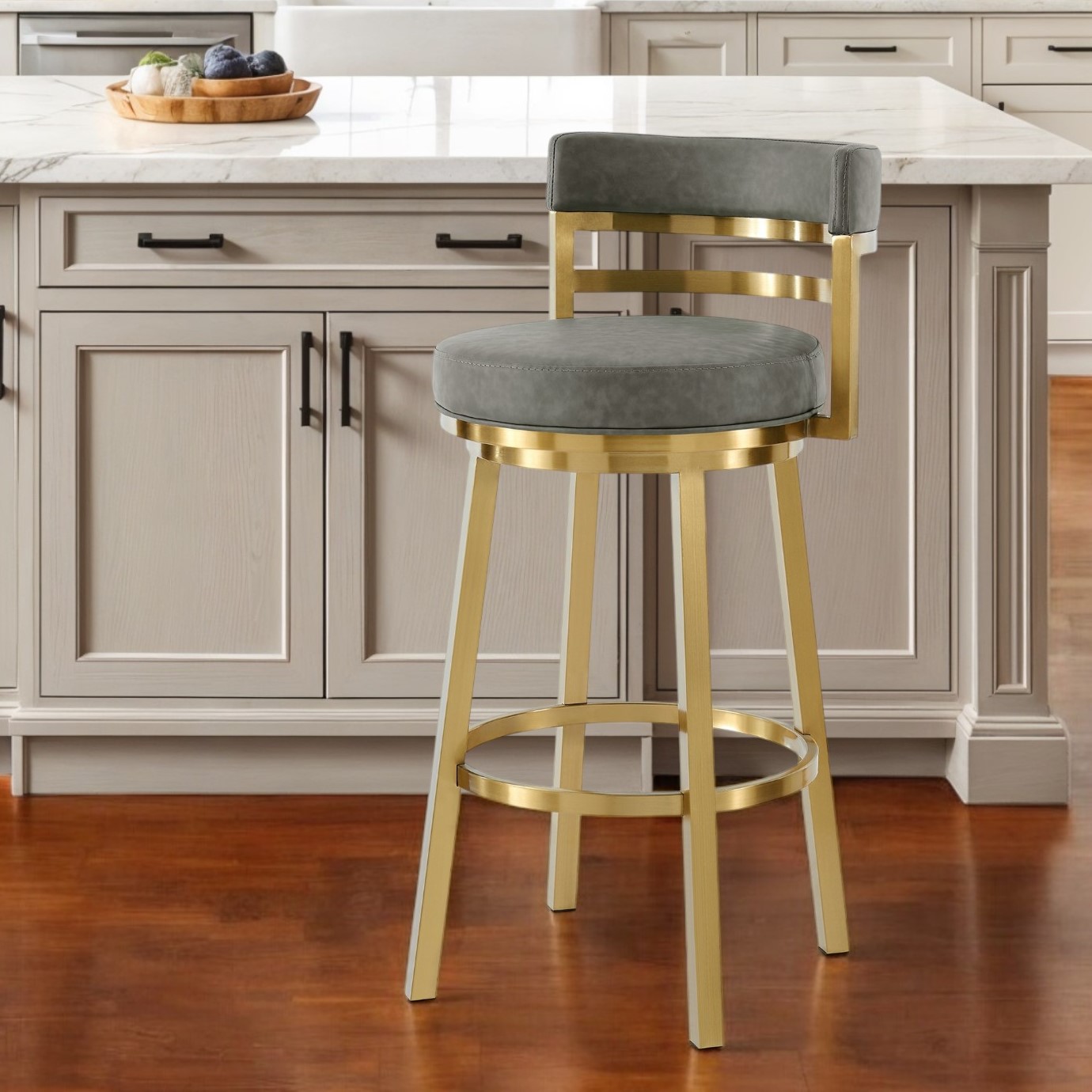 26" Gray and Gold Swivel Faux Leather Modern Bar Stool 1 26" Gray and Gold Swivel Faux Leather Modern Bar Stool