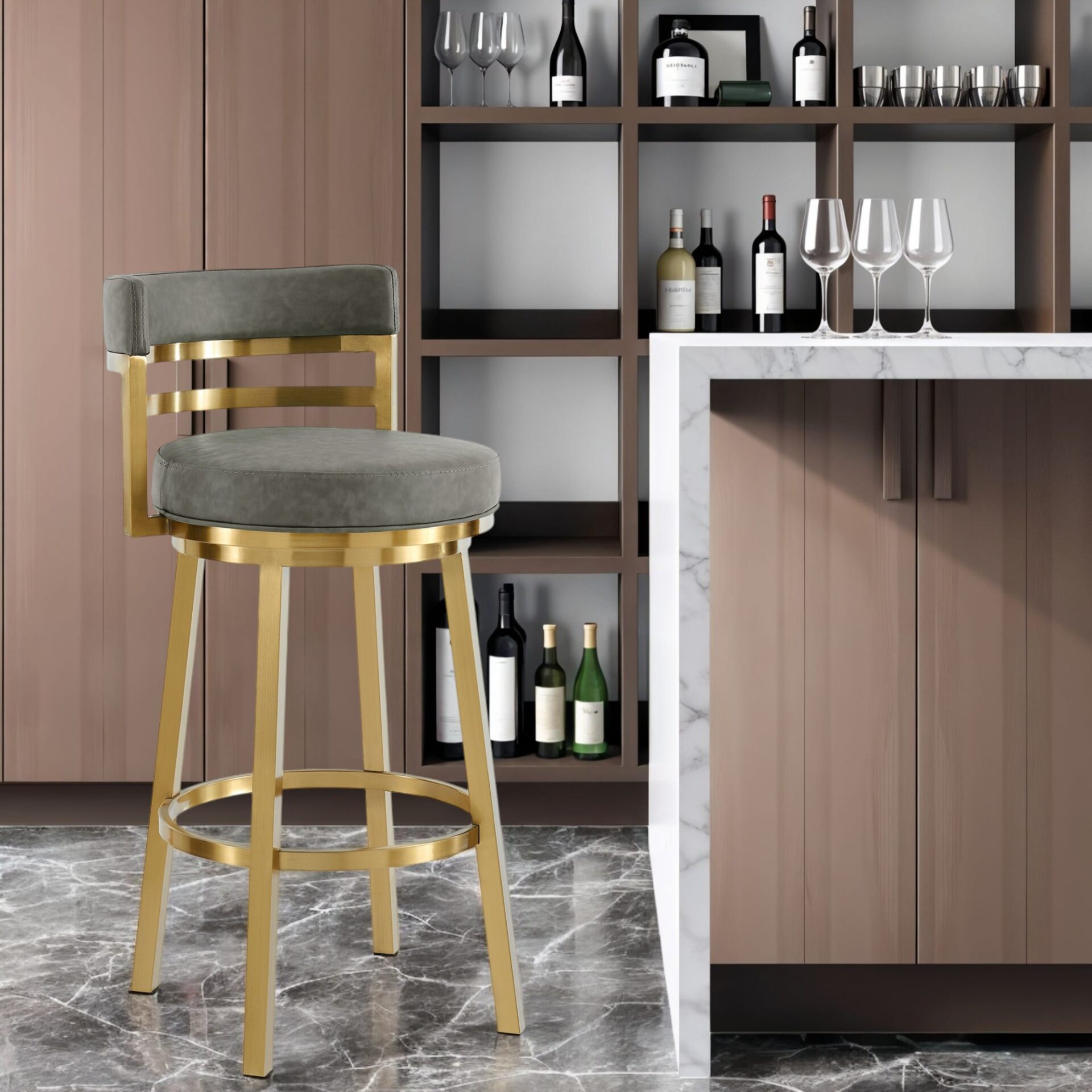 30” Gray and Gold Modern Swivel Faux Leather Bar Stool 1 30” Gray and Gold Modern Swivel Faux Leather Bar Stool