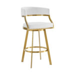 30" White and Gold Faux Leather Swivel Bar Stool