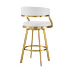 30" White and Gold Faux Leather Swivel Bar Stool