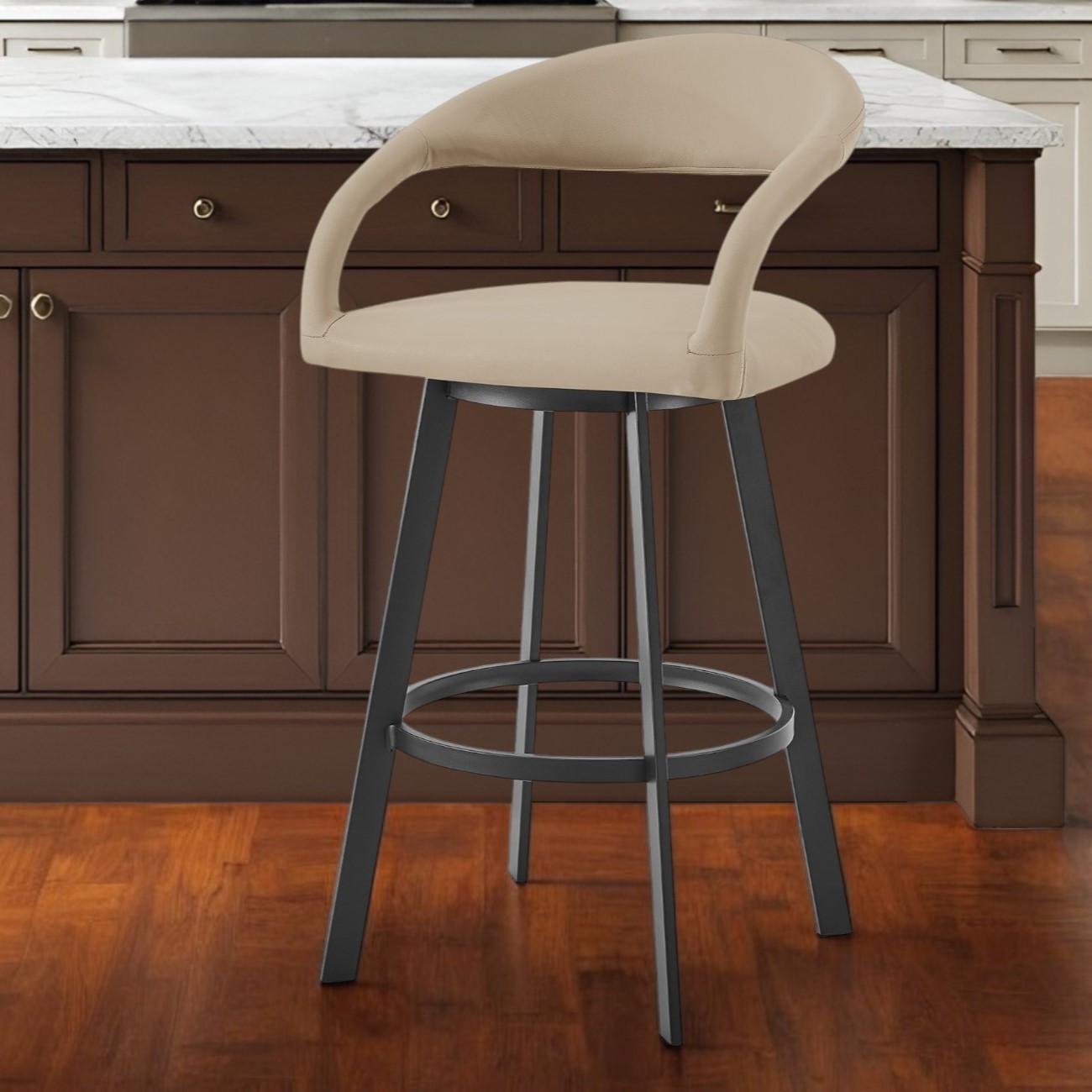 26" Beige and Black Faux Leather Swivel Bar Stool 1 26" Beige and Black Faux Leather Swivel Bar Stool