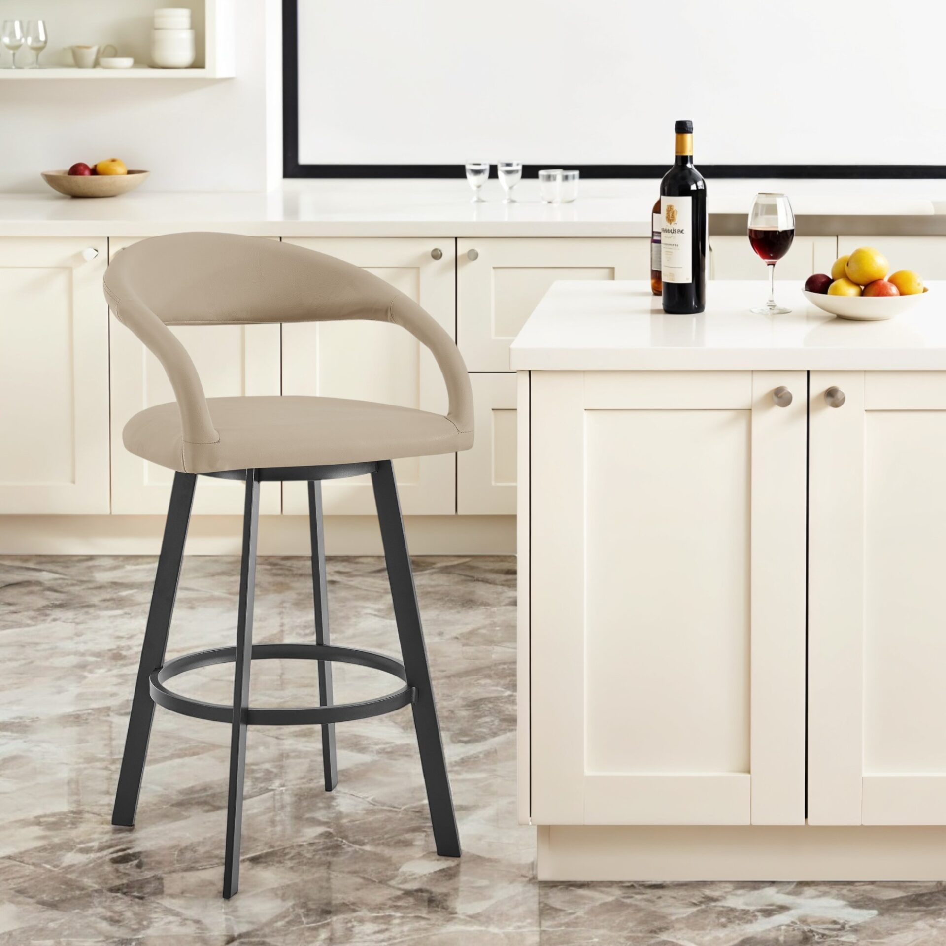 30" Beige and Black Swivel Bar Stool with Armrests 1 30" Beige and Black Swivel Bar Stool with Armrests