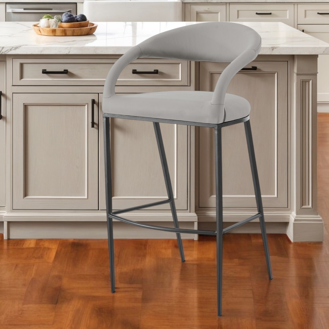 26" Light Gray and Black Faux Leather Low Back Bar Stool 1 26" Light Gray and Black Faux Leather Low Back Bar Stool
