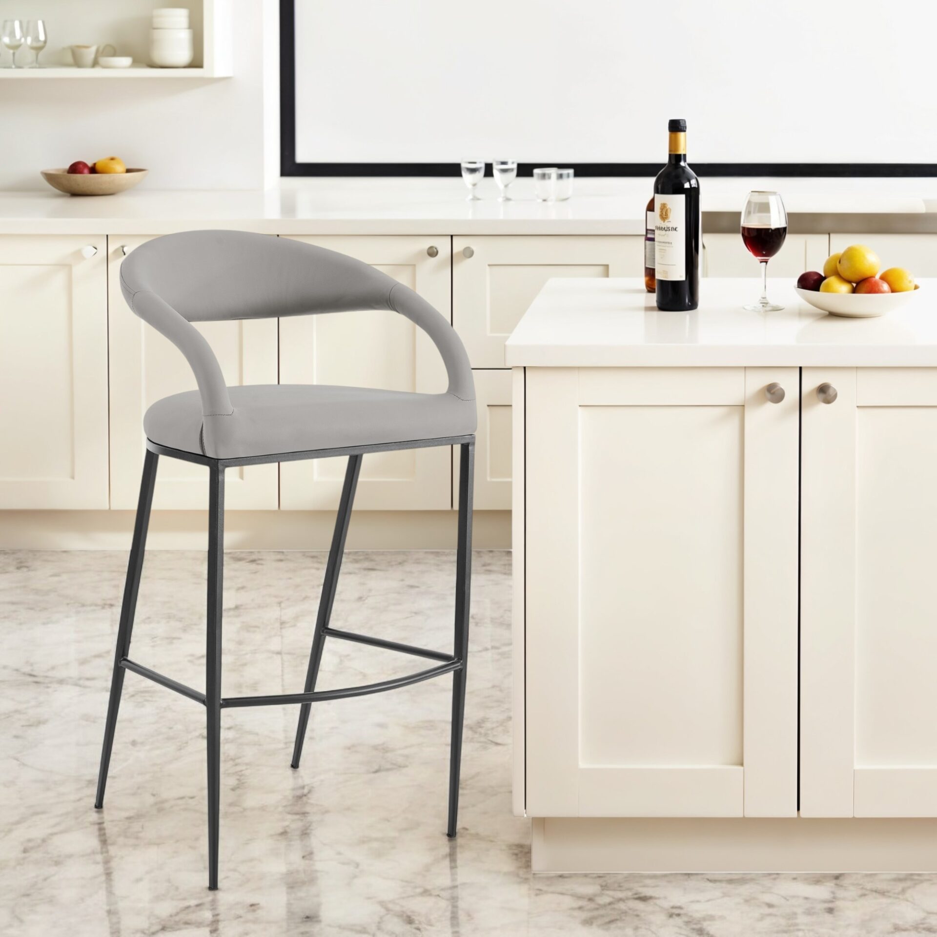 30" Light Gray and Black Faux Leather Modern Bar Stool 1 30" Light Gray and Black Faux Leather Modern Bar Stool